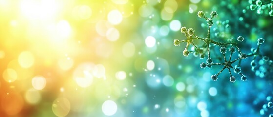 Fototapeta premium Blue and green virus particles float on a soft gradient banner with subtle bokeh effects and lighting. The design features a large blank area in the middle, ideal for medical information or alerts.