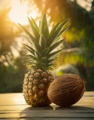 Bright tropical background with pineapple and coconut fruits. 