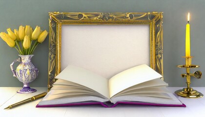 Open book, golden frame, yellow tulips in a vase, fountain pen and a lit candle on a white table.