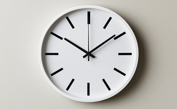 A minimalist white wall clock with black hour and minute markers, representing time and simplicity.