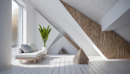 Sun shining on window of attic room with white sofa, potted plant and wooden geometric decorations.