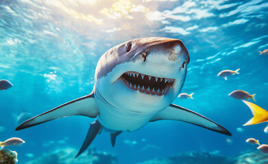 Fototapeta premium A great white shark swims underwater surrounded by tropical fish, illuminated by sunrays penetrating the ocean surface.