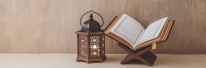 Illuminated Lantern and Quran on Wooden Stand