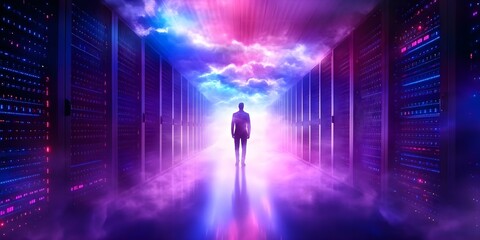 A figure stands in a futuristic data center, surrounded by glowing servers and vibrant, ethereal lighting. Concept Futuristic Data Center, Glowing Servers, Ethereal Lighting, Tech Aesthetics