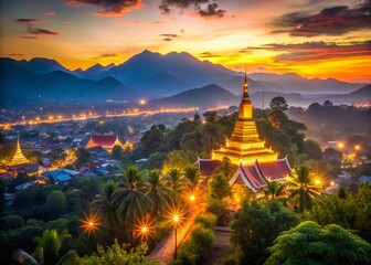 Luang Prabang Cityscape: Panoramic View from Golden Pagoda at Phou Si Mountain with Beautiful Bokeh Effect