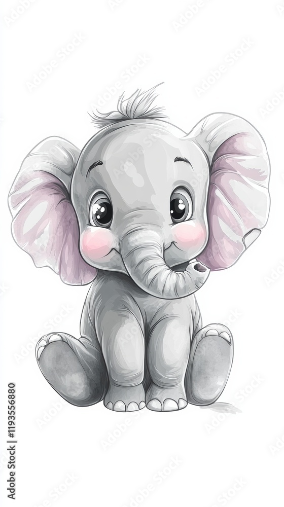 Poster Cute elephant illustration showcasing playful expression and soft features in a whimsical style located in a serene setting. Generative AI
