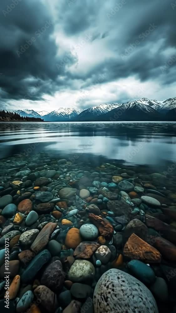 Poster mountains reflected in calm water with pebbles visible below a cloudy sky in a serene lake setting
