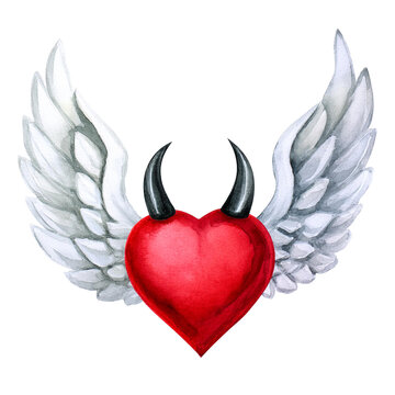 Devil and Angel.  Watercolor red Heart on white background with white wings and devil horns. Perfect for Valentine's Day cards, romantic designs, split personality and deadly sins illustration