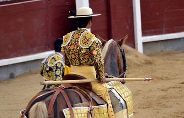 Traditional bullfighting scene with horse and matador in ornate costume. Tauromaquia. Spanish...