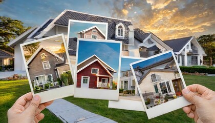 Realtor holding different photos of houses for sale, searching for right home for her clients.