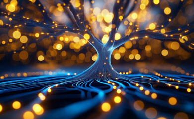 Abstract glowing golden bokeh lights resembling tree roots on a textured dark blue surface.