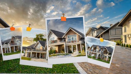 Realtor holding different photos of houses for sale, searching for right home for her clients.