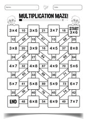 Multiplication maze puzzle worksheet for children