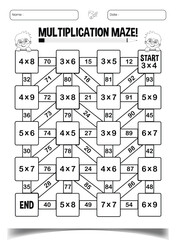Multiplication maze puzzle worksheet for children