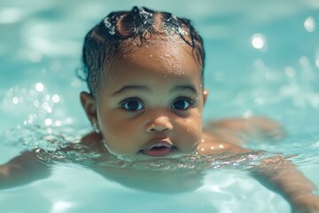 An african american baby learning to swim in the pool