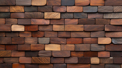 Fototapeta premium Aesthetic Wooden Wall Texture with Varied Shades and Patterns of Rectangular Wooden Blocks Arranged in a Staggered Pattern