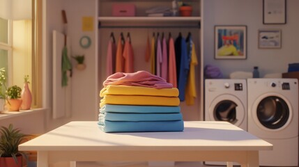 A stack of neatly folded colorful clothes on a white table in a laundry room scene