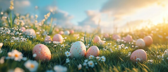  Pastel-colored Easter eggs scattered across grassy meadow with blooming daisies, bathed in golden sunlight, symbolizing spring renewal, joy, and festive Easter traditions.