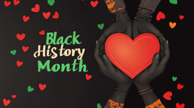 Black History Month banner design with text "Black History Month" Black hands holding the heart symbol in a heart shape. African American culture concept 