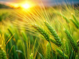 Fototapeta premium Lush Green Barley Field Close-Up: Agricultural Harvest Detail