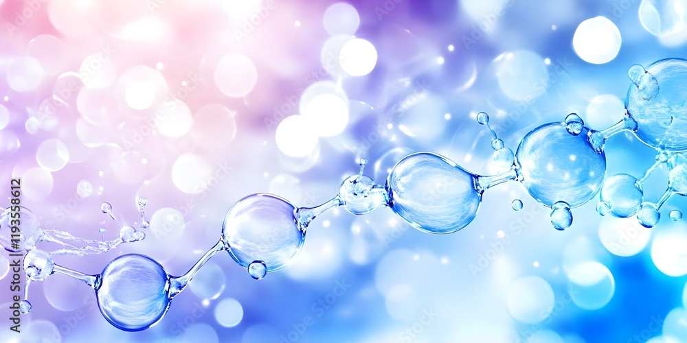 Poster a vibrant abstract representation of water molecules with a colorful, blurred background and bokeh e