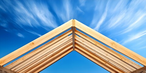 A wooden roof framework with a clear blue sky and wispy clouds in the background. Concept Wooden Roof Framework, Clear Blue Sky, Wispy Clouds, Construction Details, Architectural Design