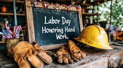  Hard hat and work gloves placed on a wooden table with a "Labor Day" sign, symbolizing the hardworking spirit of laborers and the significance of the holiday.