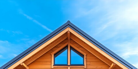 A wooden house roof with a triangular shape and a window, set against a clear blue sky. Concept Wooden Roof Design, Triangular Architecture, Window Features, Blue Sky Background, Nature Aesthetics