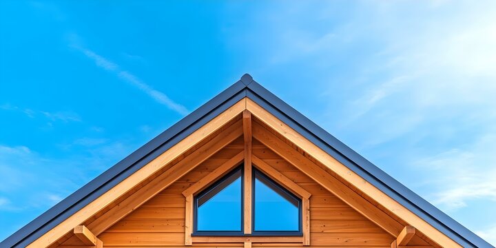 A wooden house roof with a triangular shape and a window, set against a clear blue sky. Concept Wooden Roof Design, Triangular Architecture, Window Features, Blue Sky Background, Nature Aesthetics