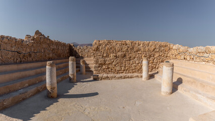 Panoramic view of  the ruins of the ancient synagogue on Masada in the Judean Desert in Israel.
