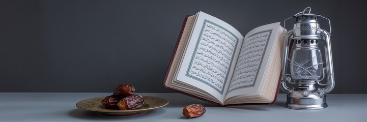 Fototapeta premium Quran Dates and Oil Lamp Ramadan Still Life