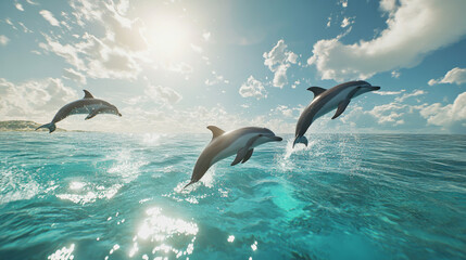 A pod of dolphins gracefully jumping out of crystal-clear blue water under a bright, sunny sky.