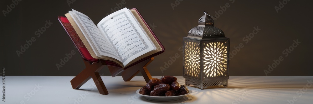 Poster open quran on stand with dates and lantern
