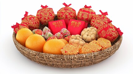Festive wicker basket filled with oranges, sweets, and red envelopes.