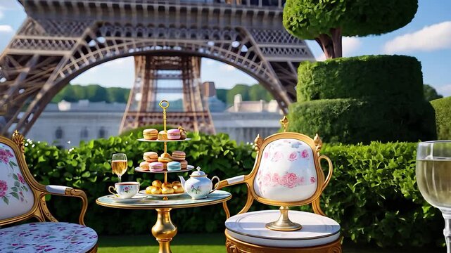 Elegant Outdoor Tea Setup with Macarons, Floral Chairs, and Eiffel Tower View in a Garden Setting

