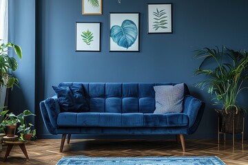 Dark blue sofa and recliner chair in scandinavian apartment. Interior design of modern living room.