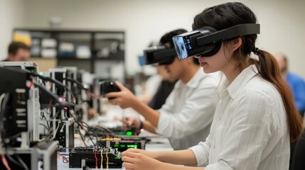 Asian young adults using vr in tech lab for simulation and innovation