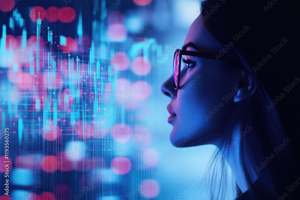 Poster woman analyzes digital data with graphs in a futuristic setting during nighttime
