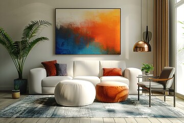 Detailed 3D Render View of an Artistic Painting in a Stylish Living Room.
