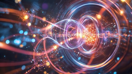 Obraz premium Digital representation of quantum computing design, with sleek quantum processors and quantum gates displayed on a high-tech interface