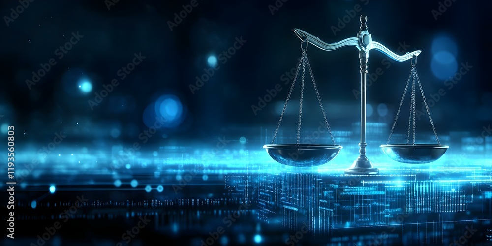 Poster a digital representation of a balanced scale, symbolizing justice and fairness in a high-tech enviro