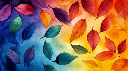 Hand drawn watercolor rainbow background of autumn leaves, red, yellow, orange, blue, emerald. Plant background, template for greeting card design, invitation
