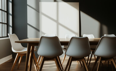 Obraz premium Minimalist conference room with white chairs, wooden table, and sunlight streaming through large windows, creating geometric shadows.