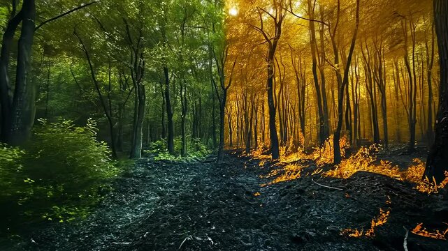 Forest burns summer day.Flames devour woodland underbrush.Smoke rises tranquilly trees.Charred earth contrasts vibrant green foliage.Scene captures wildfire's devastating beauty.