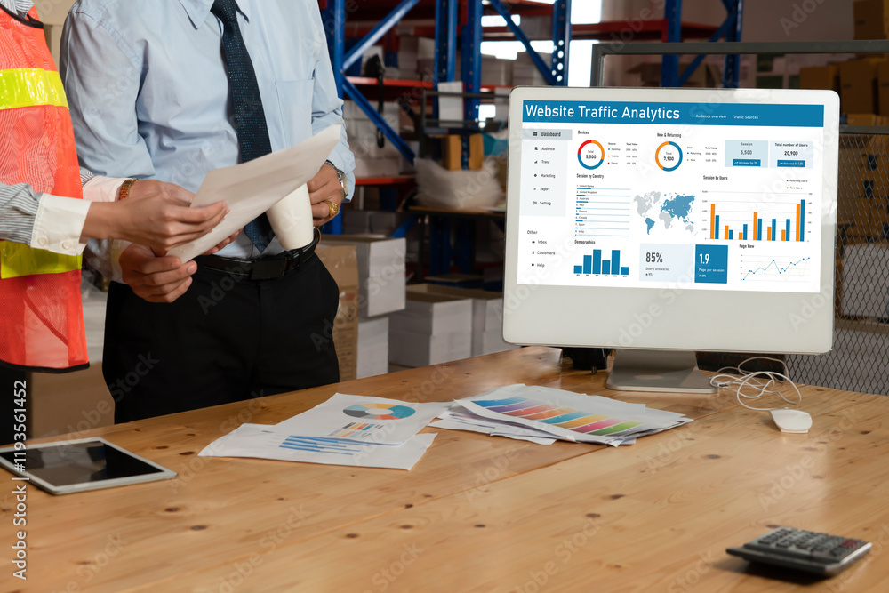 Poster computer software for website traffic analytics data on computer screen. concept of seo search engin