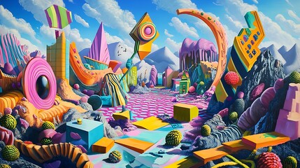 A Vibrant Surreal Landscape Of Whimsical Structures