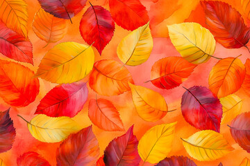 Obraz premium Hand drawn watercolor background of autumn leaves red, yellow and orange. Invitation card template with autumn leaves. Floral background for greeting card design