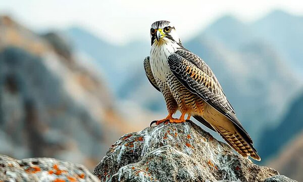 Saker falcon perched on a rock, observing the surroundings