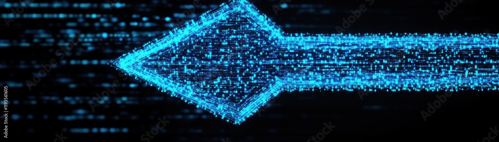 Poster a vibrant blue arrow made of digital particles, representing motion and direction in a tech-inspired