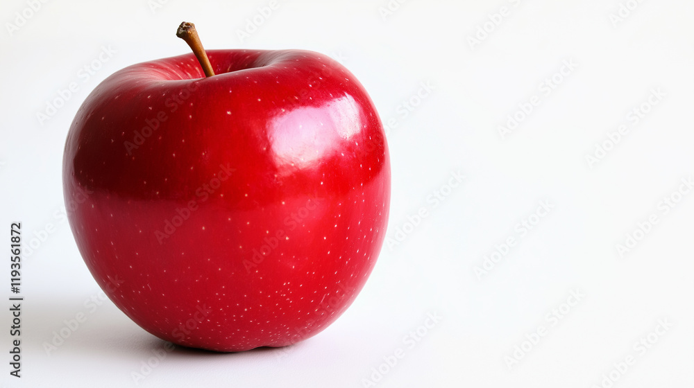 Poster red apple. a shiny red apple with a green stem on a clean white background, emphasizing freshness an